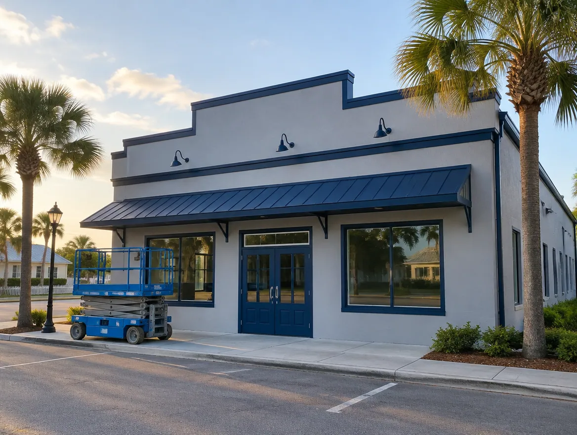 Commercial storefront repainted in gray and navy in Port St. Joe, FL