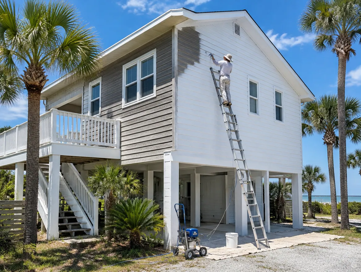Exterior painting on a raised coastal home near Port St. Joe, FL
