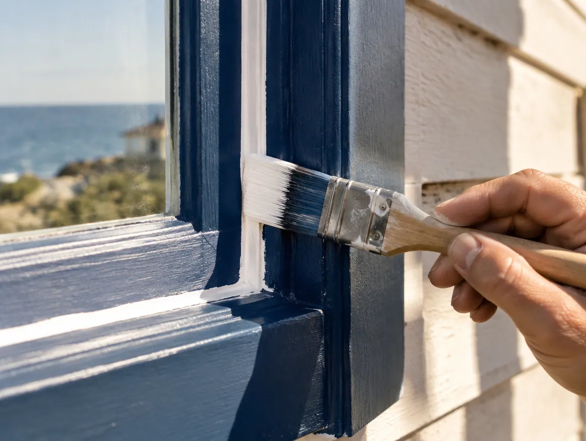 Brush cutting a clean white line along navy window trim on a coastal cottage